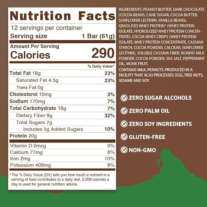 BARS - Dark Chocolate Mint - Natural - Grass-Fed Whey - 20G Protein - Non GMO - Gluten Free - Real Dark Chocolate (12 Pack)