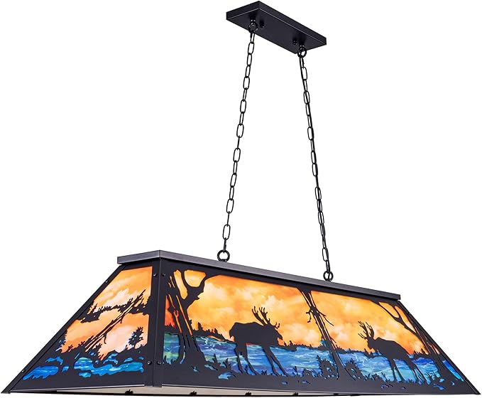 Wellmet Tiffany Pool Table Light 59 inch, 5 Lights Rustic Deer Chandelier for Kitchen Island, Cabin, Billiards Table Lamp, Farmhouse Chandelier for Country, Wild West Style
