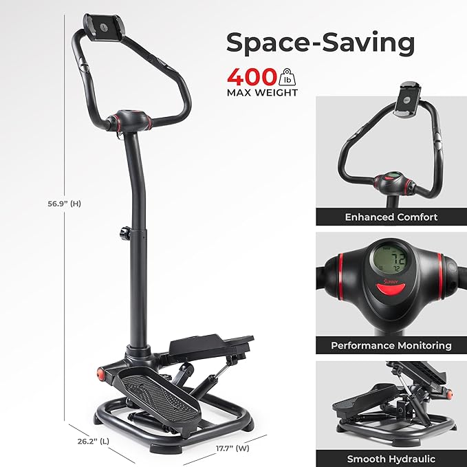Sunny Health & Fitness 2-in-1 Premium Power Stepper with Resistance Bands, Low-Impact Cardio, Space-Saving, Height-Adjustable, with Enhanced Bluetooth Connectivity with Free SunnyFit App