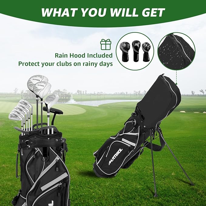 10 Pieces Complete Mens Womens Golf Clubs Set Right Hand for Men Women Includes Stand Bag with Rain Hood, 1#Driver 3#Wood #5 Hybrid,with 3 Head Covers, 6# 7# 8# 9# PW# Irons and Putter