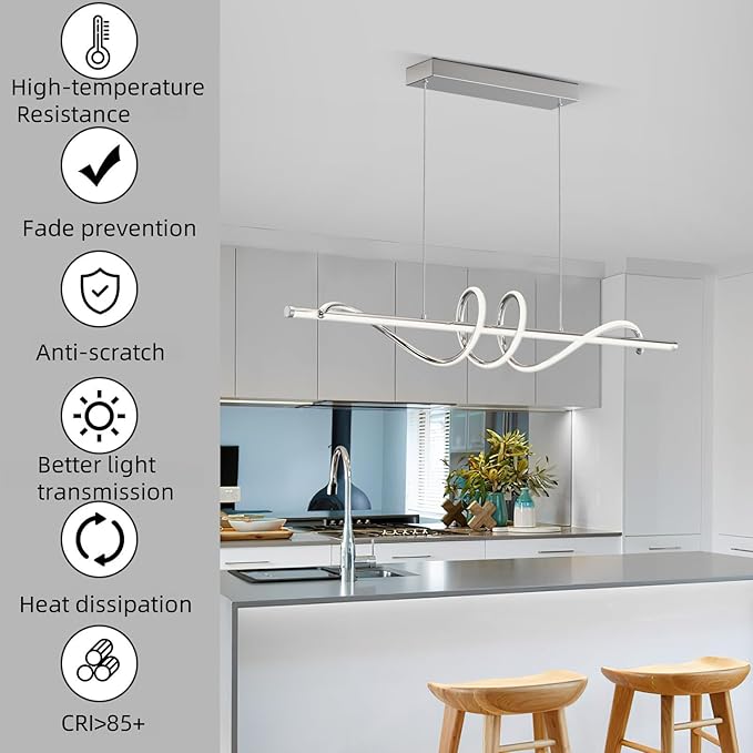 Modern LED Pendent Lights Kitchen Island,3000k-6000K Adjustable Color Dining Room Light Fixture,Dimmable with Remote Control Aluminum for Kitchen, Living, Dining,Bedroom(39in Chrome Silver