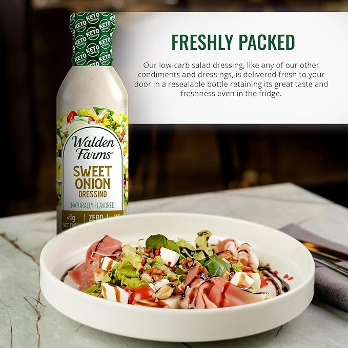 Walden Farms Sweet Onion Dressing - Low Carb, Calorie-Free, Gluten-Free, Keto-Friendly, Sugar-Free, Fat-Free, Dairy-Free Sweet Onion Flavor - 6-Pack, 12 oz Bottles