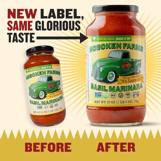 Hoboken Farms Basil Marinara Sauce - No Sugar Added, Low Sodium, Non-GMO, Preservative-Free, Low Carb, Keto – Better For You Pasta Sauce! (25 Fl Oz, Pack of 4)