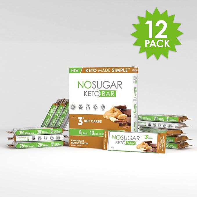 No Sugar Keto Bar Snack - Low Carb No Sugar Keto Snack Food with Keto Friendly Macros (12 x 1.41oz Bars, Peanut Butter)