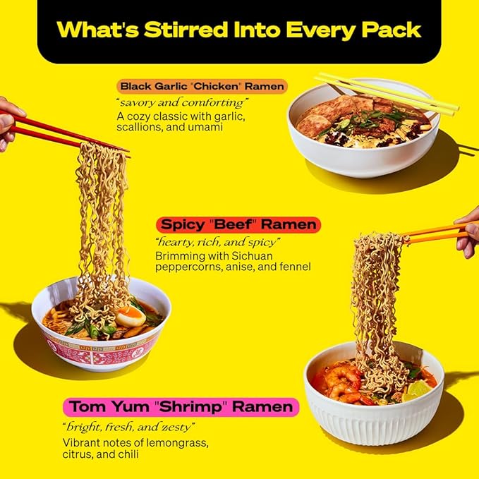 immi Ramen Variety Pack – Bold Flavors, Better Noodles – High Protein, Low Carb, Plant Based – Spicy Beef, Black Garlic Chicken, Tom Yum Shrimp – Keto & Plant-Based Comfort Food