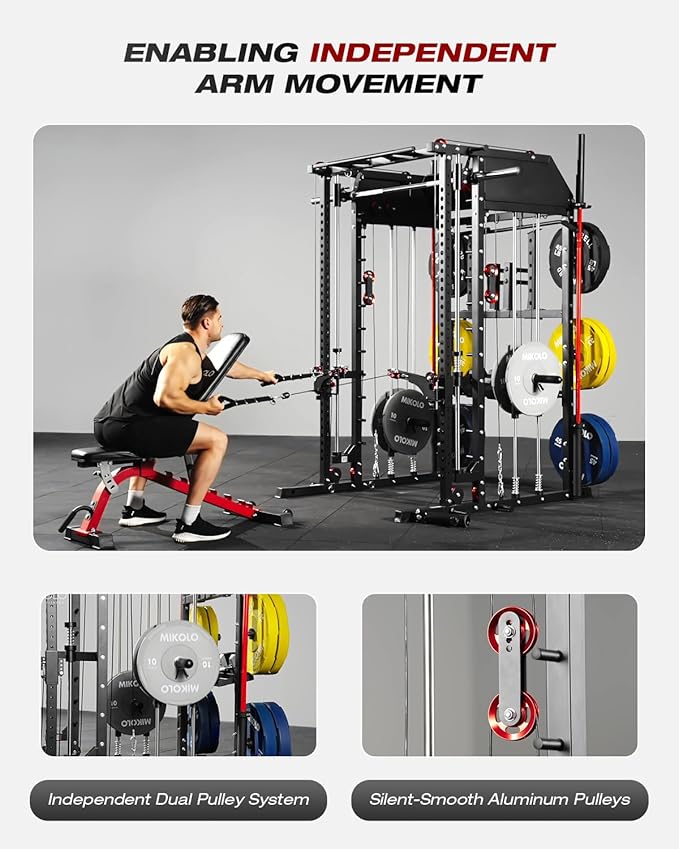 Mikolo Smith Machine, Multi-Function Power Cage with Dual Pulley System, Vertical Leg Press Attachment, Squat Rack Power Rack with More Training Attachment for Home Gym