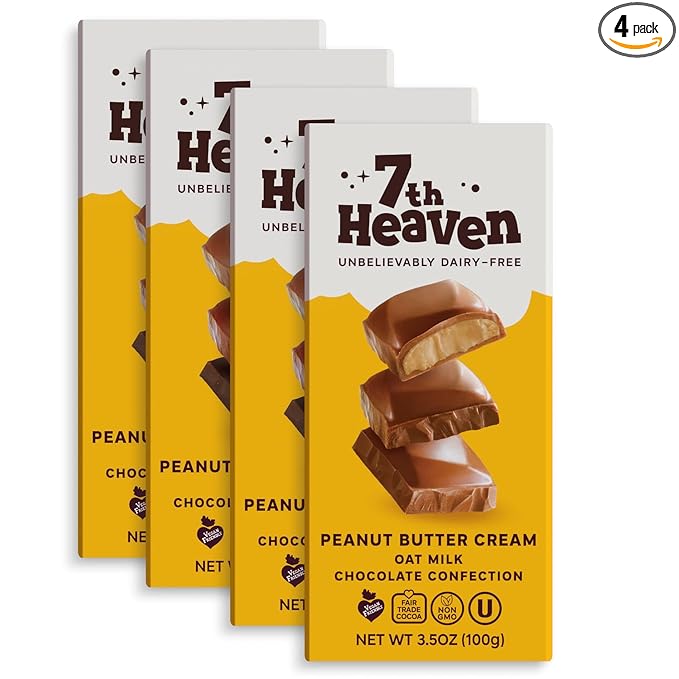 7th Heaven, Vegan Peanut Butter Cream Oat Milk Chocolate Bar (3.5oz Full Size Candy Bars - 4 Packs) - Perfect for Easter Candy, Plant Based Dairy Free Chocolate with Peanut Butter Filling, Fair Trade Cocoa & Coconut Oil, Kosher Parve