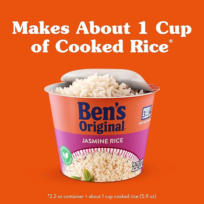 BEN'S ORIGINAL Jasmine Rice Single Serve Cup, Snack or Side, Microwave in 3.5 Minutes, 2.4 oz (Pack of 8)