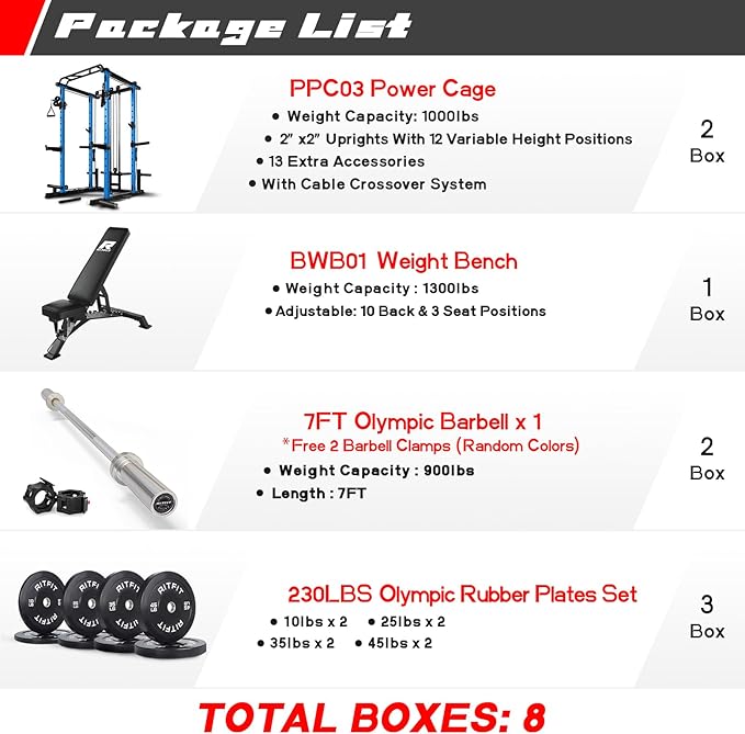 RitFit Multi-Function Squat Rack Power Cage PPC03 with Cable Crossover System, 1000LBS Capacity Power Rack and Packages with Optional Weight Bench, Barbell Weight Set, for Garage Workout & Home Gym