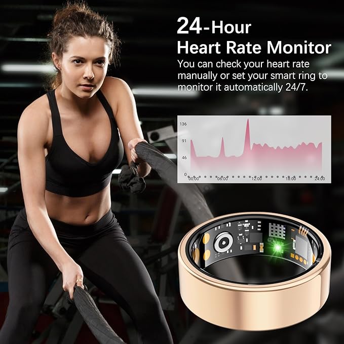 Ring Health Tracker for Women Men, Fit Ring with Heart Rate, Blood Oxygen, Sleep Monitor, Calories, Step Counter, IP68 Waterproof Smart Ring for iPhone & Android, No Subscription Fee (Rose Gold, 9#)