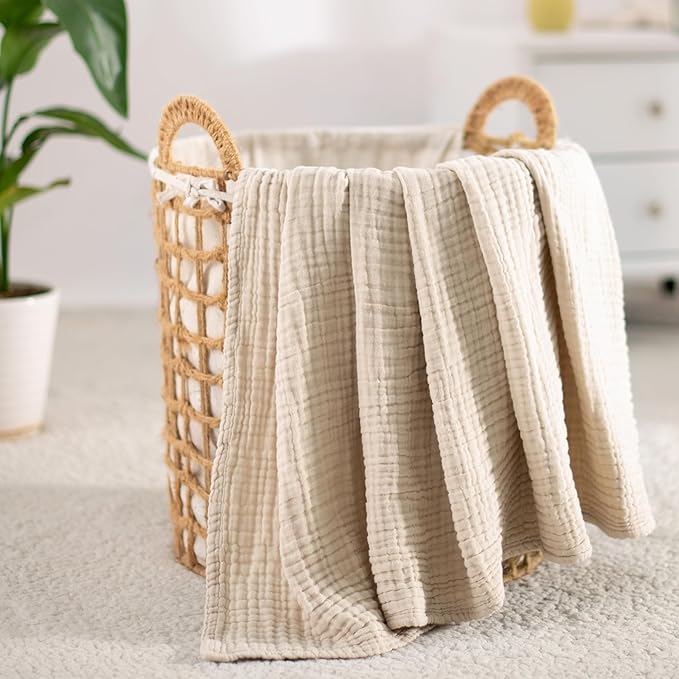 Carriediosa 100% Cotton Muslin Throw Blanket 66" X 90" Twin XL Size，4-Layers Summer Gauze Throws for Bed Couch，Soft Lightweight Breathable Linen Blankets Bedspread for Adults All Season，Khaki