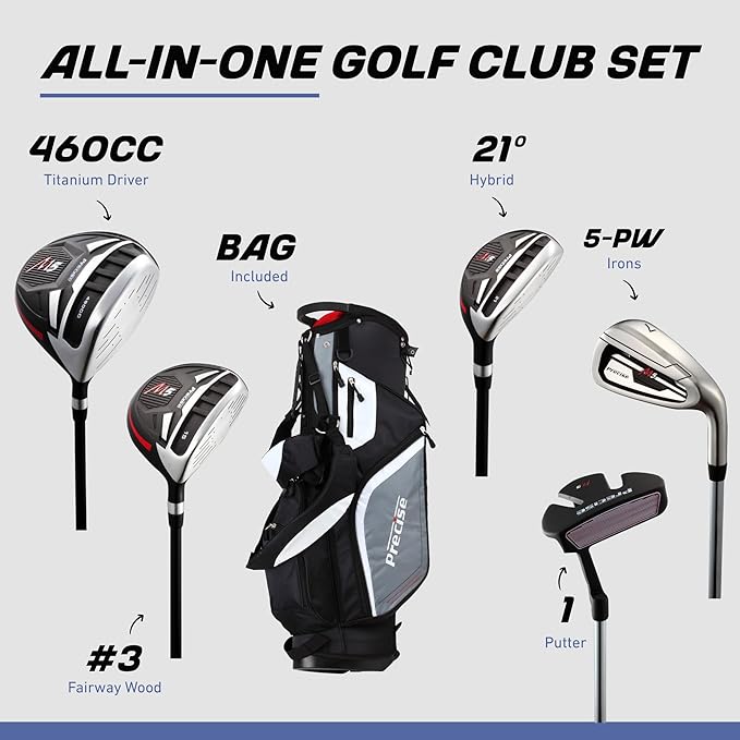 Precise M5 Men's Complete Golf Clubs Package Set Includes Titanium Driver, S.S. Fairway, S.S. Hybrid, S.S. 5-PW Irons, Putter, Stand Bag, 3 H/C's