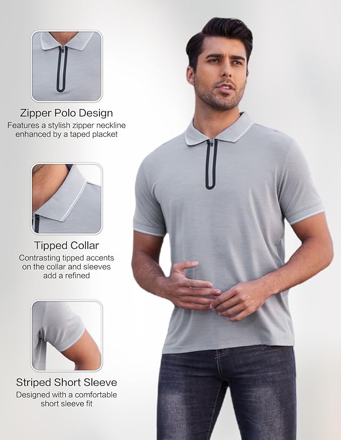 Merino Wool Polo Shirts for Men for Work Sport, Lightweight Breathable Moisture Wicking Mens Polo Shirt Short Sleeve
