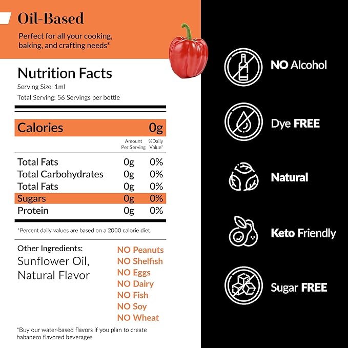Dolce Flav Natural Habanero Extract (Oil-Soluble) 2 oz – Kosher, Sugar-Free, Concentrated Spicy Habanero Flavoring for Savory Dishes, Sauces & Confections, Includes Measured Dropper