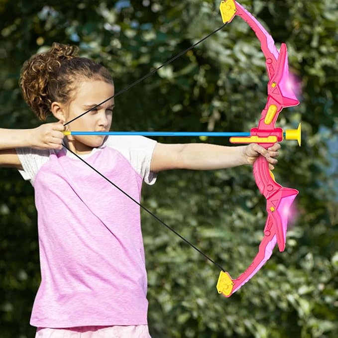2 Pack Kids Bow and Arrow Set, Pink Light Up Archery Toy Set, 2 Foam Dart Blaster & 6 Target Cans Toys for Ages 5-7, Kids Indoor Outdoor Birthday Gifts Ideas for Boys Girls 4 5 6 7 8 9 10 Year Old