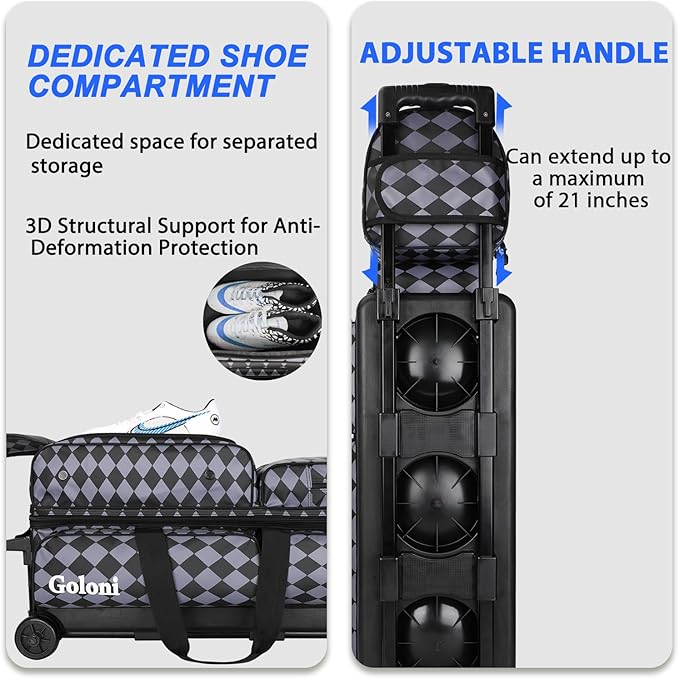 4 Ball Bowling Bags with Wheels,3 Ball Bowling Bag + 1 Ball Tote,Separate Shoe Compartment for Shoes (Up To US Men Size 16)
