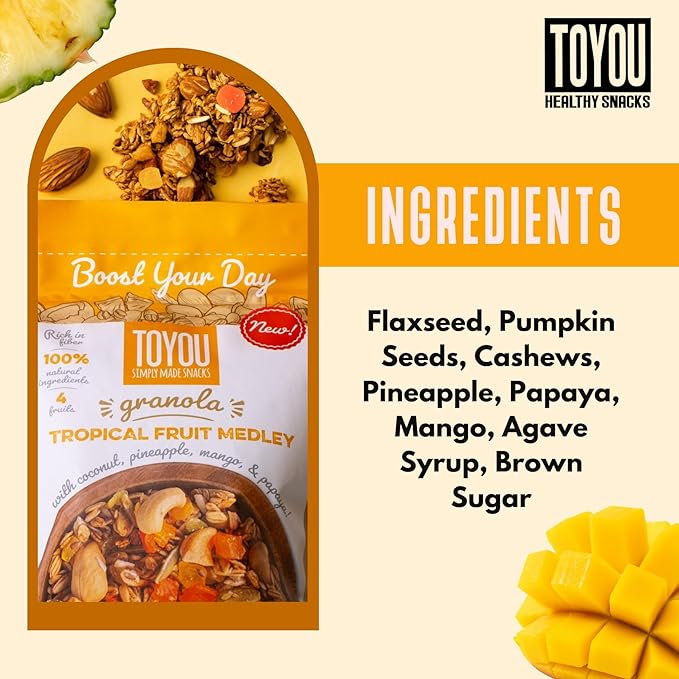 ToYou Snacks Granola, Fruit and Granola Cereal, | Tropical Fruit Medley - 12 Ounce (Pack of 1) | Gluten Free, Plant Based, Vegan, Healthy Snacks for Adults and Kids, Breakfast Cereal with Protein and Fiber