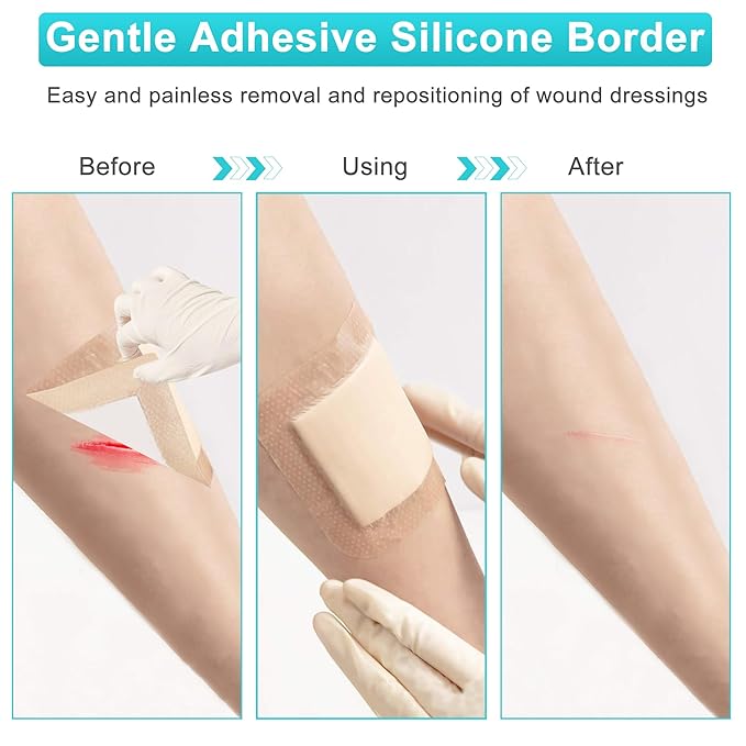 Silicone Foam Dressing 4“ x 4” with Adhesive Border,10 Packs Waterproof Silicone Bandages for Wounds Care, Large Self Adhesive Wound Dressing Bandage for Bed Sore