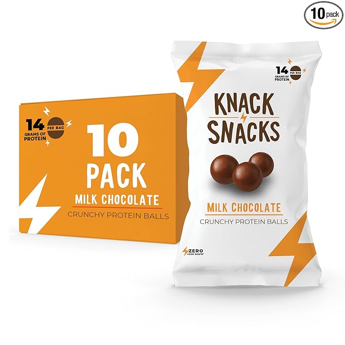 Knack Snacks | Crunchy Protein Balls - Milk Chocolate Flavor (10x 1.2oz Bags) | Lunchbox Ready, High Protein, Naturally Gluten Free, Lower Sugar, Chocolate Snack for School, Work, Travel, Parties