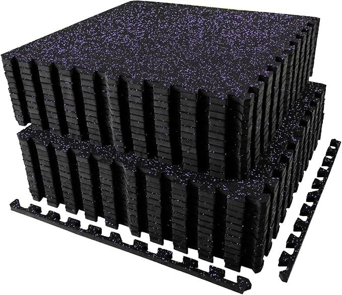 0.56in Thick 96 Sq Ft Exercise Equipment Mats, 24 Tiles Upgraded Rubber Top with High Density EVA Foam, Large Interlocking Puzzle Gym Flooring for Home Gym, Heavy Weight Workout, Black & Purple