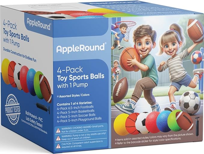AppleRound 4-Pack Sports Balls with Pump for Toddlers & Kids – Choose: [4x5 Soccer] or [4x5 Basketball] or [4x5 Playground Ball] or [4x6.5 Football]