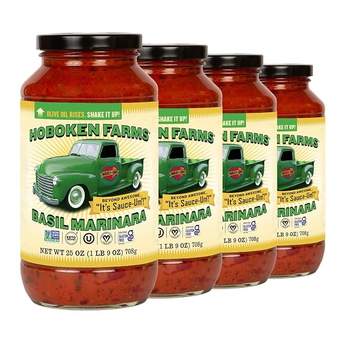 Hoboken Farms Basil Marinara Sauce - No Sugar Added, Low Sodium, Non-GMO, Preservative-Free, Low Carb, Keto – Better For You Pasta Sauce! (25 Fl Oz, Pack of 4)