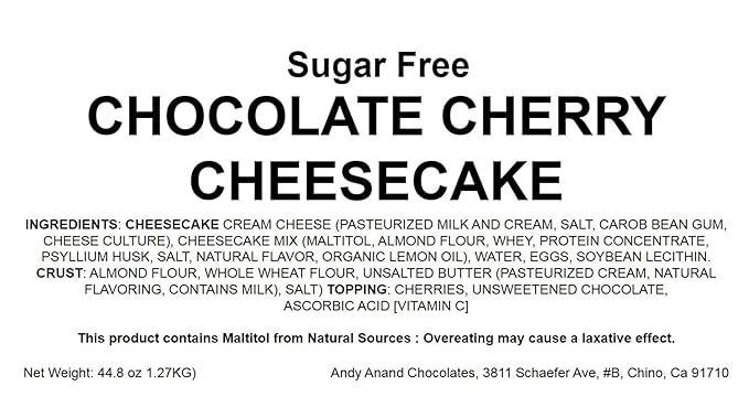 Andy Anand Sugar Free Chocolate Cherry Cheesecake, 9" with Real Truffles, Fresh & Diabetic Friendly, Made with 100% Real California Cream Cheese, No Preservatives (2.8 lbs)