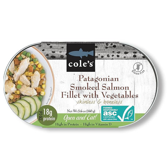 COLE’S - Patagonian Smoked Salmon Fillet with Vegetables| Ready to Eat Meal | 5.6 oz Canned & Hand-Packed | 19g Protein | High in Vitamin D | 1 Unit