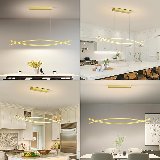 Modern LED Pendant Lights, 47in Gold Chandelier Dimmable with Remote Control 3000k-6000K Adjustable Color Temperature, Aluminum Island Lighting Lamp Fixture for Kitchen, Dining Room