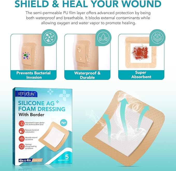 Silicone Foam Dressing Ag Sterile Wound Bandage with Waterproof Gentle Silicone Adhesive Border (10 Packs), 4"x 4" Breathable Ultra Absorbent Pads (4x4 Inch (Pack of 10))