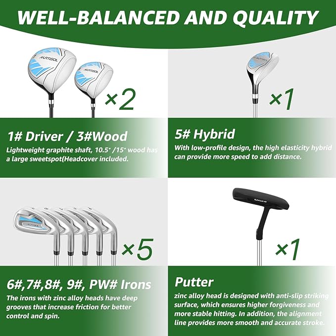 10 Pieces Complete Mens Womens Golf Clubs Set Right Hand for Men Women Includes Stand Bag with Rain Hood, 1#Driver 3#Wood #5 Hybrid,with 3 Head Covers, 6# 7# 8# 9# PW# Irons and Putter