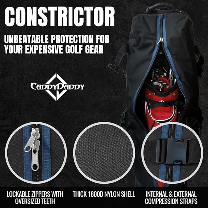 CaddyDaddy Constrictor Soft-Sided Golf Travel Bag Cover with Thick Dense Foam Padded Top 1 Year Full Travel Bag Replacement Coverage | Wheels & Lockable Zippers Case for Transporting Clubs on Airlines