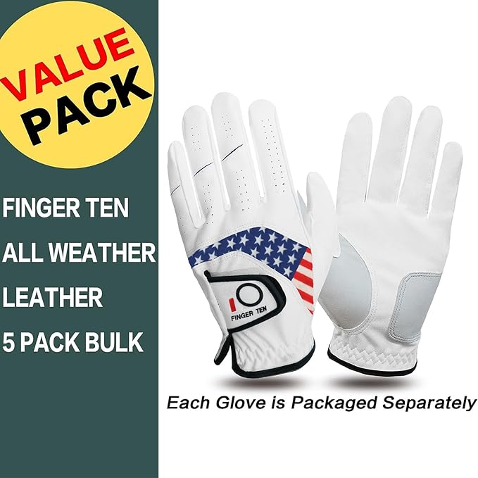 FINGER TEN Golf Gloves Men Left Hand Right Leather Value 5 Pack, Mens Golf Glove for Right Left Handed Golfer All Weather Grip Small Medium ML Large XL XXL 3XL