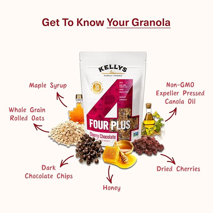 Kelly's Four Plus (Cherry Chocolate) Granola Cereal with Whole Grain Oats, Honey, Maple Syrup - Non-GMO, Low Sugar, Sodium Free and Gluten Free Granola for Yogurt - 12oz