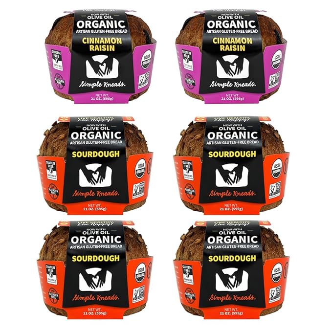 Simple Kneads Gluten-Free Sweet Bread 6 Pack – Includes 4 Sourdough and 2 Cinnamon Raisin – Organic, Top 9 Allergen-Free, Artisan-Style Loaves-Extra Virgin Olive Oil
