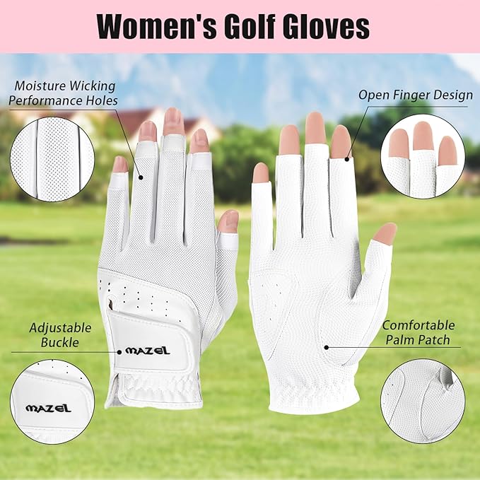 MAZEL Women's Fingerless Golf Gloves One Pair Open-Finger Design,Breathable Hot Wet Weather Sweat-Absorbing,Fit Size S M L XL