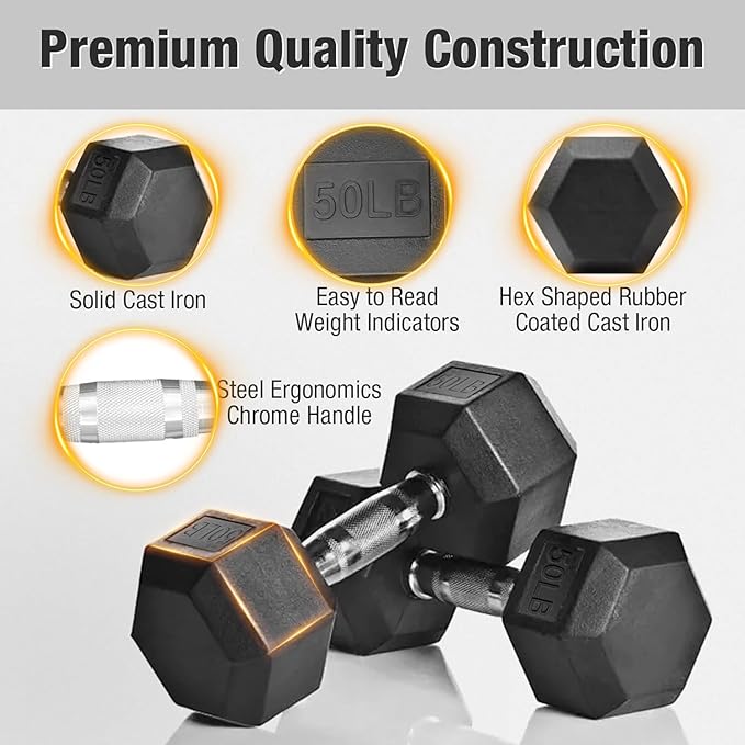 YUFER 6-10 Pair Hex Dumbbell Weight Set With Rack for Home Outdoor Gyms Rubber 5-50 lbs Exercise & Fitness Nonslip Handle Dumbbells and Storage Rack Hold 350/450/550 Pounds