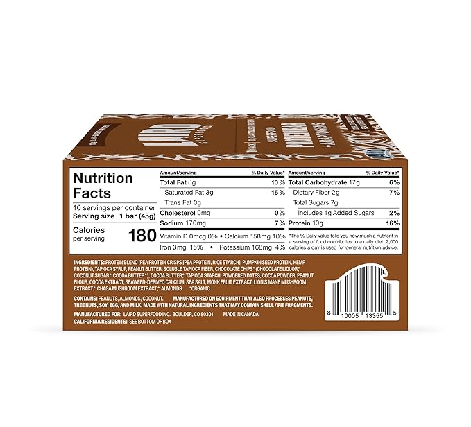 Laird Superfood Functional Protein Bars, Protein Bar but Better with Real Ingredients, Functional Mushrooms 10g Plant-Based Protein, 6g Fiber, Double Chocolate Peanut Butter, 10 Count (Pack of 1)
