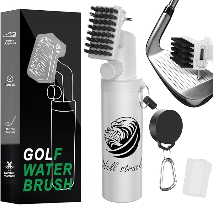 Pro Golf Club Cleaner - 4oz Water Bottle with Groove Cleaner and Retainer Clip, Durable Nylon Bristles for Easy Cleaning, Ergonomic Button Design, Golf Gifts for Men & Essential Accessories