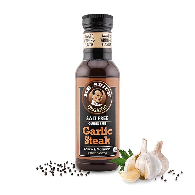 Mr. Spice Salt Free Award-Winning Taste Garlic Steak Sauce | Low Sodium | Organic | No Salt Steak Marinade | Gluten Free | Low Calorie Garlic Sauce | 13.5 Ounce (Pack of 1)