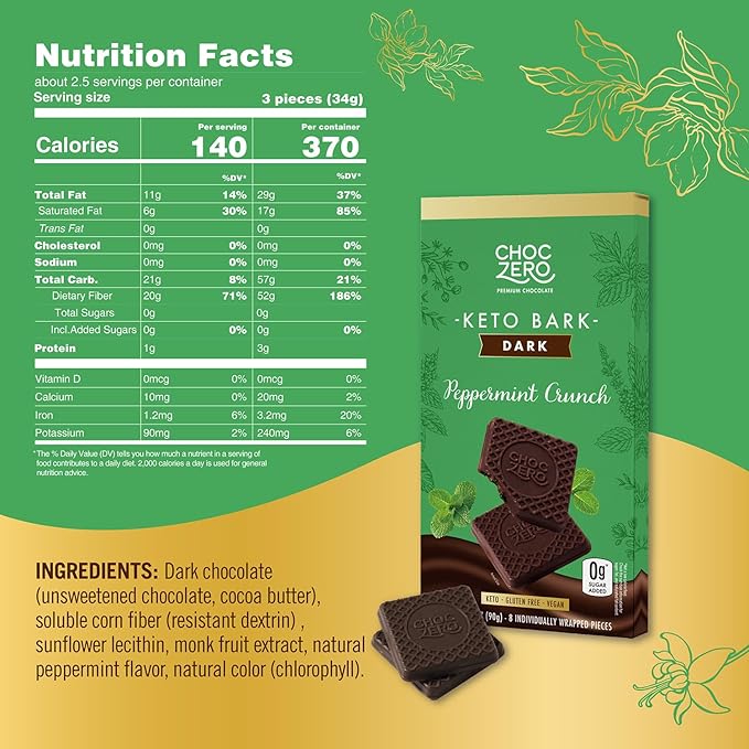 ChocZero Peppermint Crunch Keto Bark, Dark Chocolate Candy Bar, Sugar Free, Vegan, Gluten Free, 3.2 Ounce (Pack of 4)