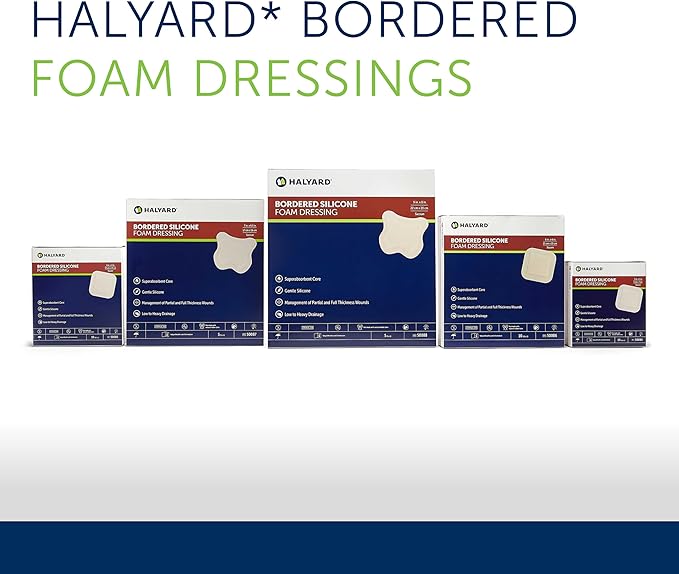 HALYARD Multi-Layer Bordered Silicone Foam Wound Dressing, Gentle Adhesive Superabsorbent Core Conformable & Breathable Water Resistant Protective Film Backing, 4 Inch x 4 Inch (Box of 10)