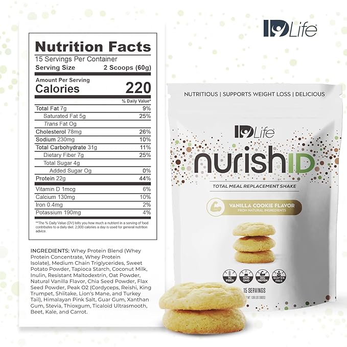 IDLife Vanilla Cookie NurishID Meal Replacement Shake - with Slow-Digesting Carbs, Superfoods, Vegetable Blend and Adaptogenic Mushrooms - 15 Servings