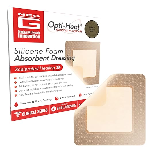 Neo G Opti-Heal Silicone Foam Dressing with Border - Absorbent, Adhesive Foam Wound Dressing for Cuts, Ulcers, Diabetic Wound, Bedsore Wound Care, Burns, Surgical - Island Dressing 4x4-4 Pcs