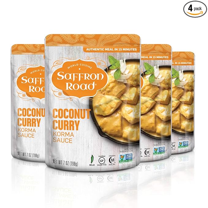 Saffron Road Coconut Curry Simmer Sauce | Globally Inspired Simmer Sauce | Gluten-free, Vegetarian, Non-GMO, and Certified Halal and Kosher | 7.0oz Pouch | Pack of 4