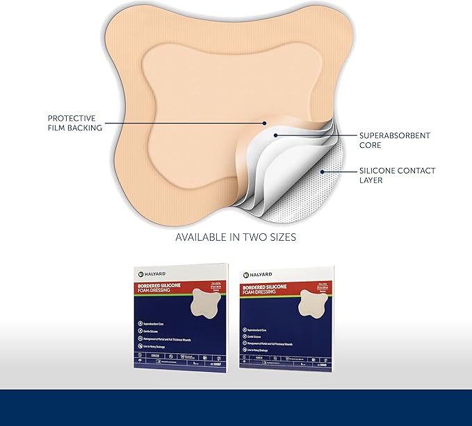 HALYARD Multi-Layer Bordered Silicone Foam Wound Dressing Sacral Bandage Gentle Adhesive Superabsorbent Core Conformable & Breathable Water Resistant Protective Film Backing, 7 Inches x 6.5 Inches