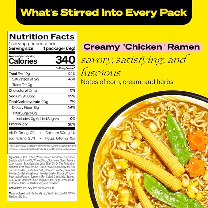 immi Creamy "Chicken" Ramen, 100% Plant Based, Keto Friendly, High Protein, Low Carb, Packaged Noodle Meal Kit, Ready to Eat, 6 Pack