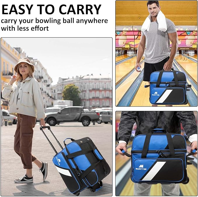Bowling Bag with Wheels Double Roller 2 Ball Bowling Separate Shoe Compartment and Oversized Accessory Pocket, 36.6" Extendable Handle.
