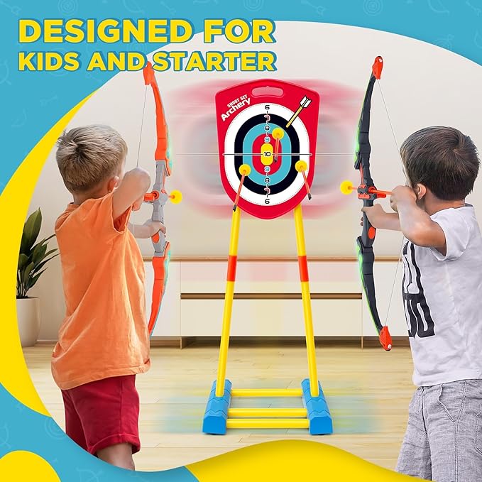Bow and Arrow for Kids 6-8 8-12, Archery Toy Set for Kids 6+ with Standing Target - Rechargeable/2 Light Up Bows/20 Arrows, Toys for Kids 4-6 7 8 9 10-12 Boys Girls Birthday Gifts