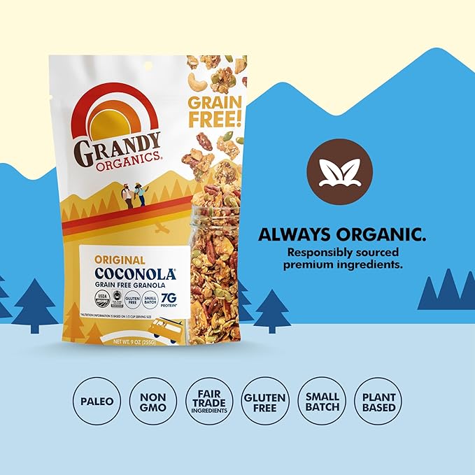 Grandy Organics Original Coconola Granola, Certified Organic Gluten Free Granola, Grain Free, Vegan and Paleo, Original Flavor Coconola, 9oz Each, Pack of 6
